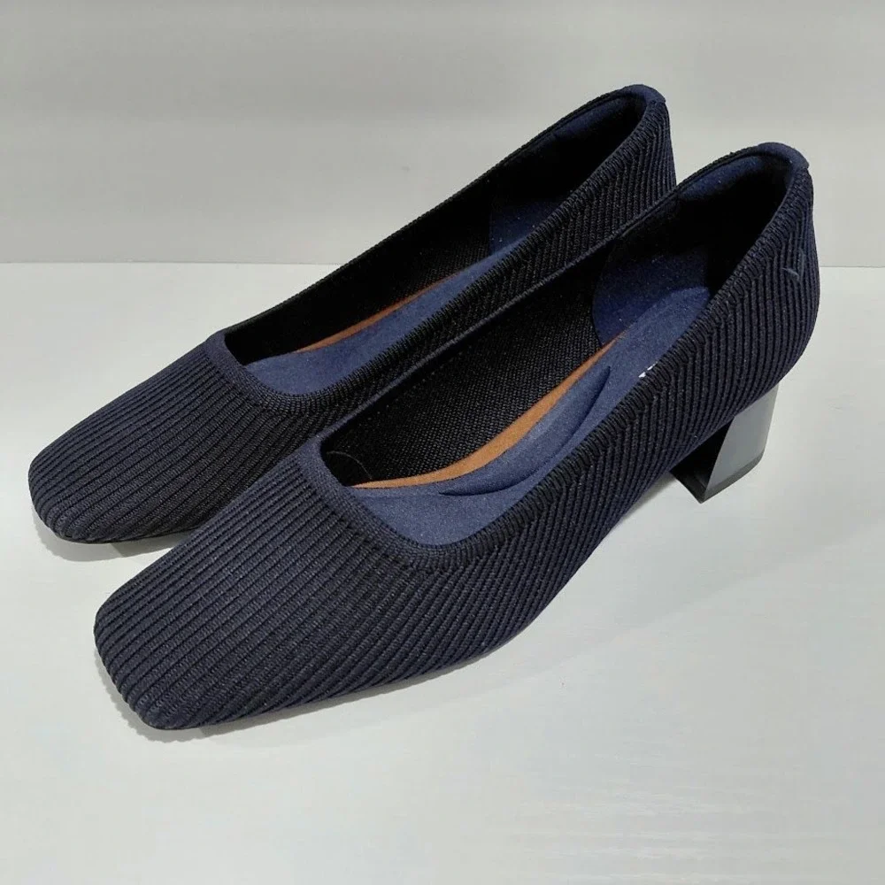 Vivaia Melody 2.0 Navy Blue Ribbed Knit Square Toe Block Heel Pumps Size 39 - Picture 2 of 11